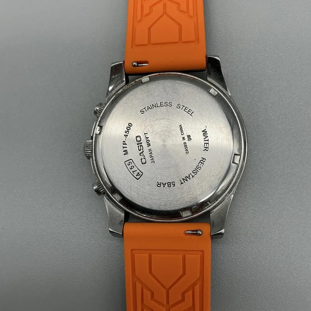 Casio MTP-4500 Mens Watch 41mm Black Dial Chronograph Black Orange Silicone